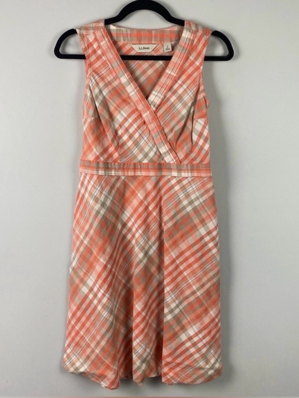 L.L.Bean Sleeveless Faux-Wrap Orange and White Plaid Midi Dress Size 12